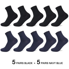 Ten pairs of men's bamboo fiber socks are displayed in two rows: five pairs of black and five pairs of navy blue compression dress socks, size 42-45, labeled "5 pairs black + 5 pairs navy blue.