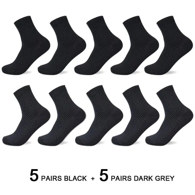 Ten pairs of men's bamboo fiber socks are displayed in two rows: five pairs of black on top, five pairs of dark grey below. Text underneath says "5 PAIRS BLACK + 5 PAIRS DARK GREY." Product: 10 Pairs/Lot Men's Bamboo Fiber Socks (Size 42-45).