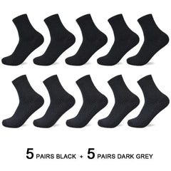 Ten pairs of men's bamboo fiber socks are displayed in two rows: five pairs of black on top, five pairs of dark grey below. Text underneath says "5 PAIRS BLACK + 5 PAIRS DARK GREY." Product: 10 Pairs/Lot Men's Bamboo Fiber Socks (Size 42-45).