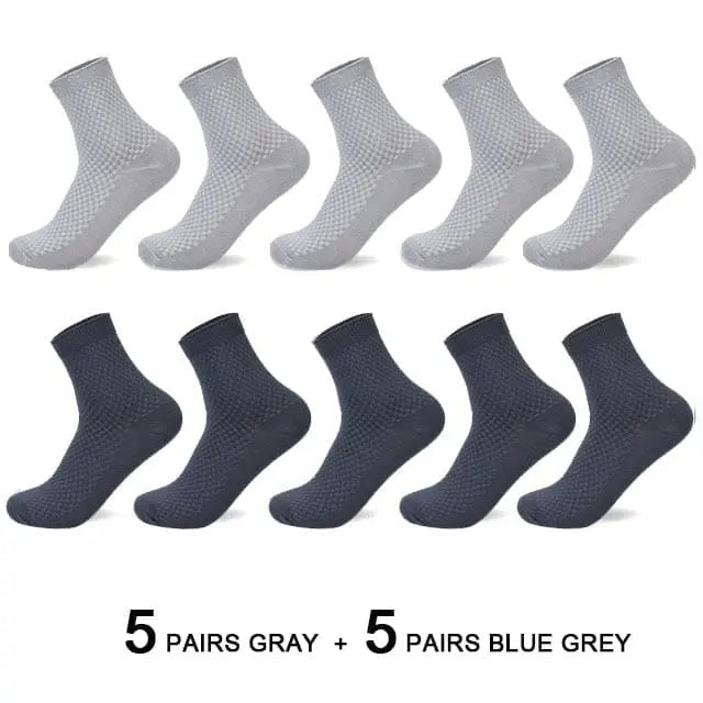 Ten pairs of men's bamboo fiber socks (plus size 42-45), perfect for business or casual wear, are arranged in two rows: five pairs in light gray above and five pairs in dark blue-gray below. Text reads "5 pairs gray + 5 pairs blue grey.