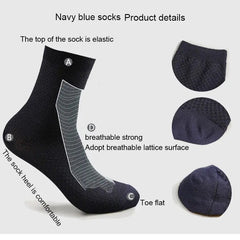 A diagram of the 10 Pairs/Lot Men's Bamboo Fiber Socks highlights features: elastic top, soft feel, flat toe, and breathable surface. Three close-up images and text labels point to each detail on these black business casual socks, size 42-45.