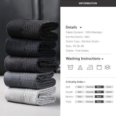 Ten pairs of men's bamboo fiber compression socks in long black, suitable for business or casual wear (sizes 42-45), are stacked vertically. To the right, product details, care instructions, and a performance index are shown.