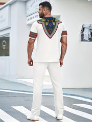 White Short - Sleeve T - Shirt And Long - Pants Set with Ethnic - Style Print - Men's Distinctive Fashion Attire