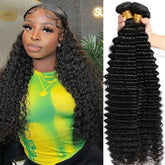 A woman with long, curly black hair wears a yellow and green top beside 100% Human Hair Deep Wave Bundles—original raw virgin human hair extensions for Black women, 10-30 inches, matching her natural texture and color.