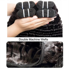 Deep wave human hair bundles featuring double machine wefts.