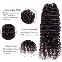 A bundle of deep wave human hair extensions with detailed views of the weft and ends.