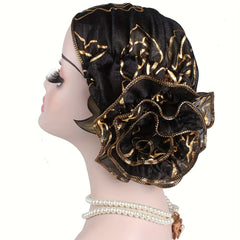 4pcs Elegant Floral Lace Turban Hats for Women - Stretchy Lightweight Breathable Polyester Hijab Scarf with Ruffled Edges, 4 Colors (White/Blue/Red/Golden) for Ramadan, Chemo, Everyday Glamour, Stylish Headwear, Sophisticated