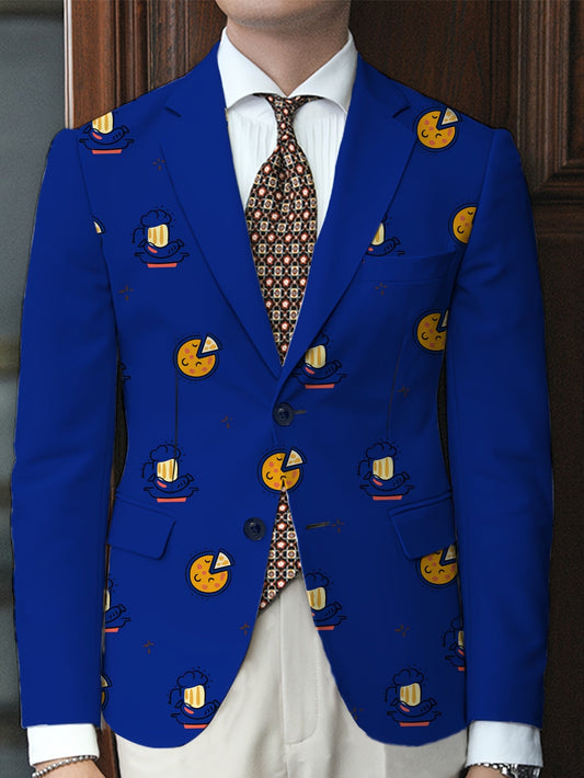 Men'S Casual Food Cartoon Pattern Suit, Polyester 95% Elastane 5%, All-Season Lapel Collar Blazer with Button Details, Regular Fit Woven Fabric SHOWLU FASHION STORE