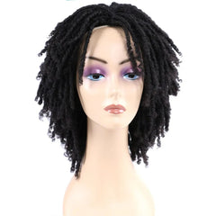 A short black synthetic dreadlock wig with curly ends displayed on a mannequin head.