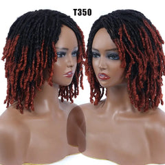 A mannequin displays a short, black and auburn ombre synthetic dreadlock wig with curly ends.