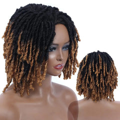 A short, black and brown ombre synthetic dreadlock wig with curly ends on a mannequin head.
