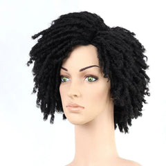 A mannequin wears a short black synthetic wig with braided dreadlocks and curly ends.