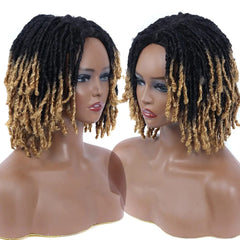 A short black and blonde ombre synthetic dreadlock bob wig on a mannequin head.