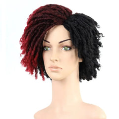 A mannequin wears a short, two-toned braided bob wig with black and deep red sections.
