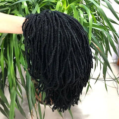A short black synthetic wig featuring braided dreadlocks with curly ends.