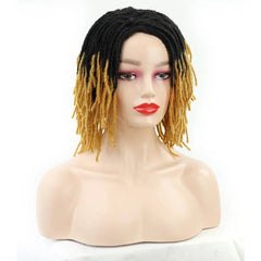 A short black and blonde ombre synthetic dreadlock bob wig on a mannequin head.