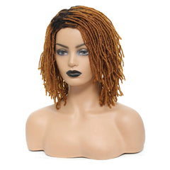 A mannequin head wears a short, golden-brown synthetic dreadlock wig with curly ends.