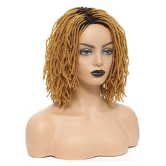 A short, blonde synthetic dreadlock bob wig with curly ends on a mannequin head.