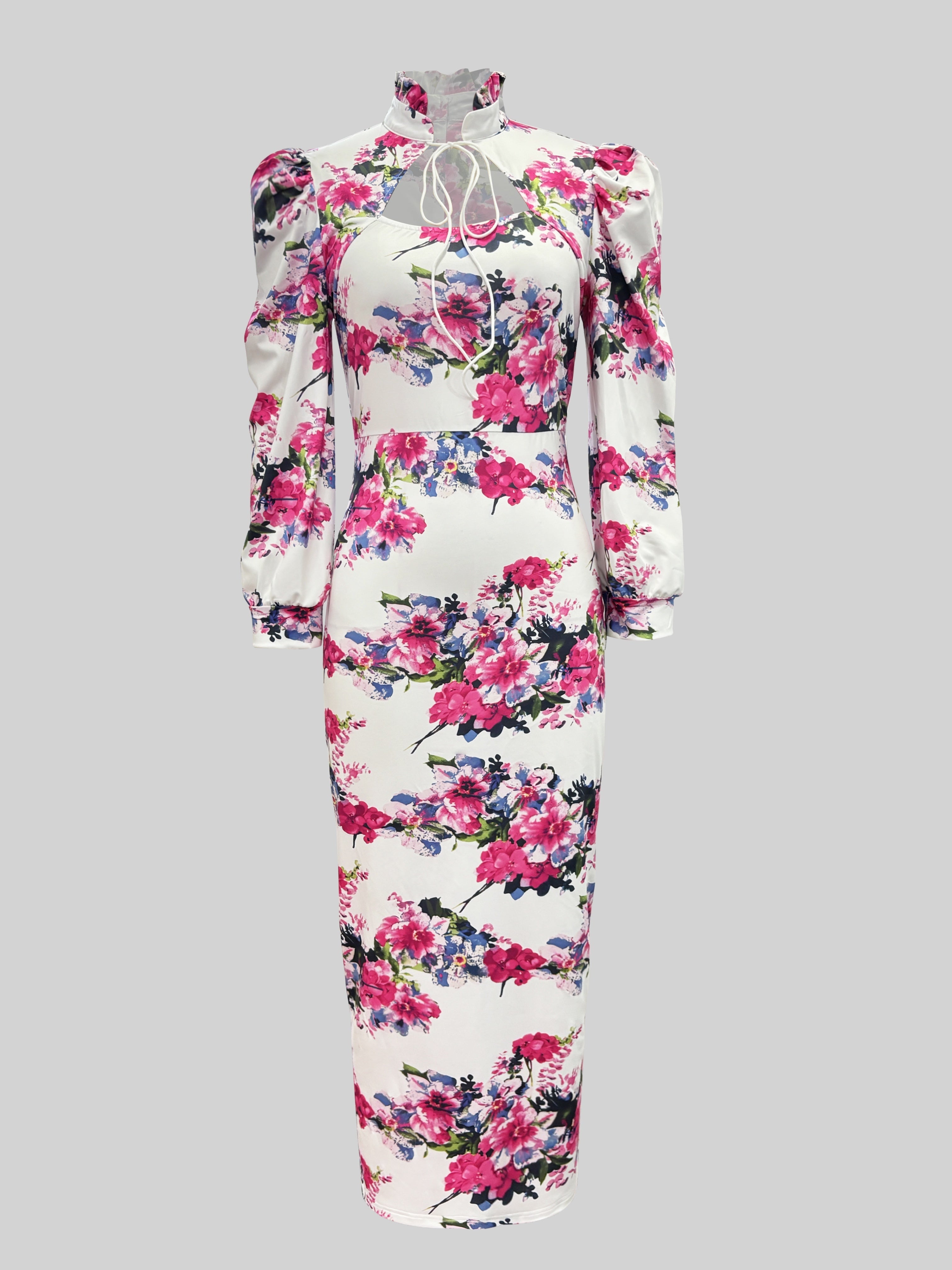 A white sheath dress featuring a vibrant pink floral print, a stand collar, and long puff sleeves.