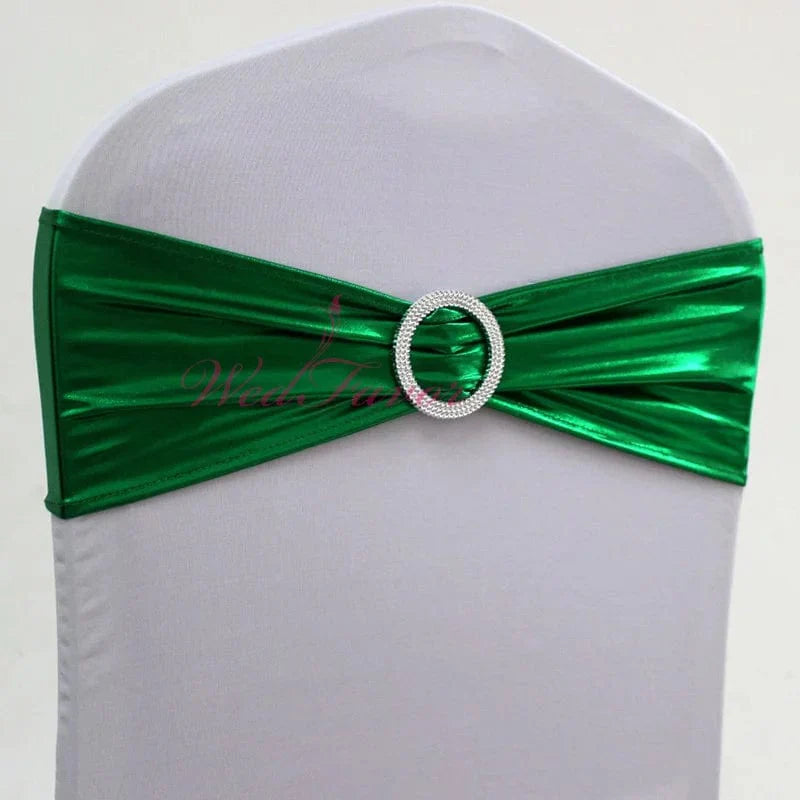 10pcs/50pcs Metallic Gold Silver Stretch Spandex Chair Bow Sash Band With Round Buckle For Banquet Event Wedding Chair Sash Tie - SHOWLU FASHION STORE