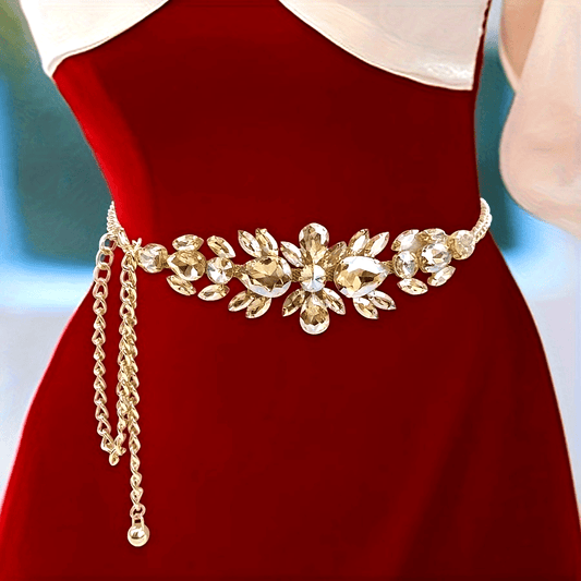 1pc Elegant Women's Adjustable Rhinestone Chain Belt - Golden-Toned Vintage Boho Style with Sparkling Leaf Design, Ideal for Party & Evening Wear SHOWLU FASHION STORE