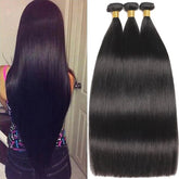 On the left, a woman with long, straight black hair is shown from the back; on the right are three 12A Peruvian Straight Bundles Bone Straight Human Hair Extensions in natural color for Black women.