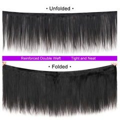 A black human hair extension bundle shown in both unfolded and folded views.