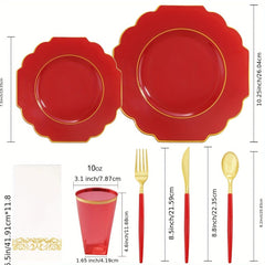 A set of red plastic plates, cups, and gold-colored cutlery with dimensions labeled.