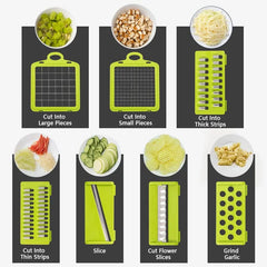 A set of seven interchangeable stainless steel blades for a multifunctional vegetable chopper.