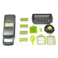 A multifunctional vegetable chopper set with various stainless steel blades and accessories.