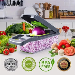 A grey multifunctional vegetable chopper sits on a counter filled with chopped onions.