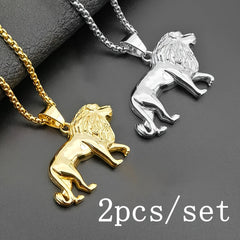 2pcs/set Stainless Steel Fashion Domineering Lion Pendant Animal Necklace Men's Personalized Hip-hop Trend Street Party Jewelry Gift SHOWLU FASHION STORE