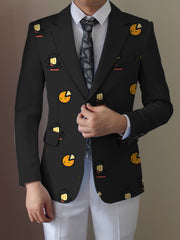 A man wears a black regular-fit blazer featuring a playful cartoon food pattern.