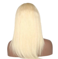 A straight blonde human hair wig displayed on a mannequin head.