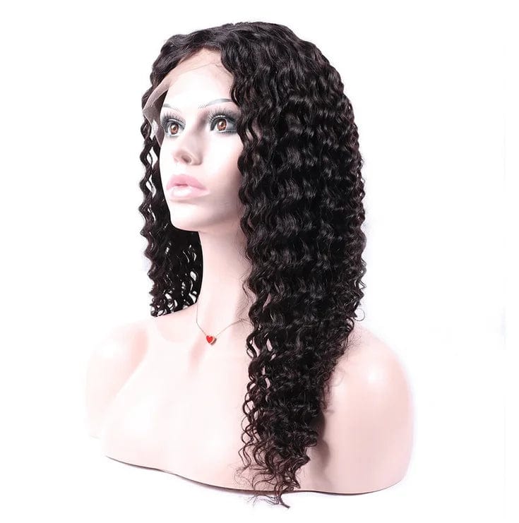 A mannequin head displays a long, black human hair wig with a deep curly texture and lace front.