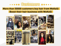 A collage of images showing various human hair wigs and hair bundles in a professional setting.