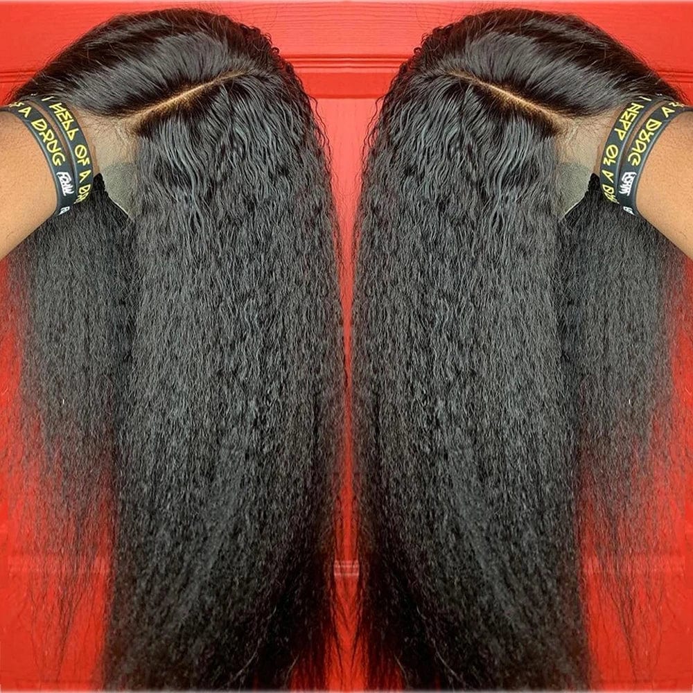 A black human hair wig with a kinky straight texture and a transparent lace front.
