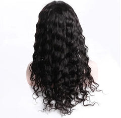A back view of a long, black human hair wig with a wavy texture on a mannequin head.