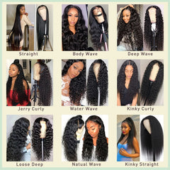 A grid showing various human hair wig textures including straight, wavy, and curly styles.