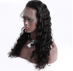 A mannequin head displays a long, wavy black human hair wig with a transparent lace front.