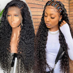 A long, black, curly human hair lace front wig shown on a mannequin and a woman.