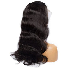 A black human hair wig with a wavy texture displayed on a mannequin head.