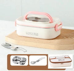 A white and pink rectangular stainless steel lunch box with a matching spoon and insulated bag.