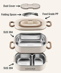An exploded view of a two-tier stainless steel lunch box with a lid, spoon, and dust cover.