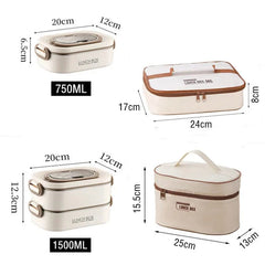 Two white rectangular lunch boxes with matching insulation bags in 750ml and 1500ml sizes.