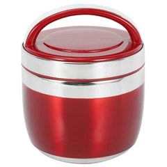A red and silver stainless steel insulated lunch container with a carrying handle.