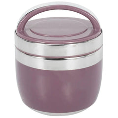 A portable purple and stainless steel lunch box with a carrying handle on the lid.