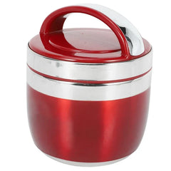 A red and silver stainless steel insulated food container with a carrying handle on the lid.