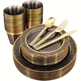 150PCS Clear Black Plastic Plates - Gold Plastic Plates with Gold Plastic Silverware Include: 25Dinner Plates, 25Dessert Plates, 25Cups, 25Forks, 25Knives, 25Spoons for Wedding Party - SHOWLU FASHION STORE