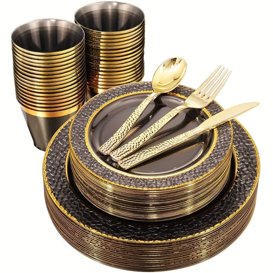 150PCS Clear Black Plastic Plates - Gold Plastic Plates with Gold Plastic Silverware Include: 25Dinner Plates, 25Dessert Plates, 25Cups, 25Forks, 25Knives, 25Spoons for Wedding Party - SHOWLU FASHION STORE